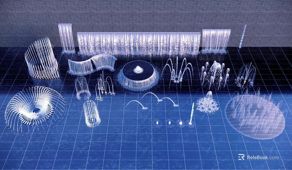 Modern Garden Landscape Design With Water Fountains Sculptures And Curved Paths 3d model 