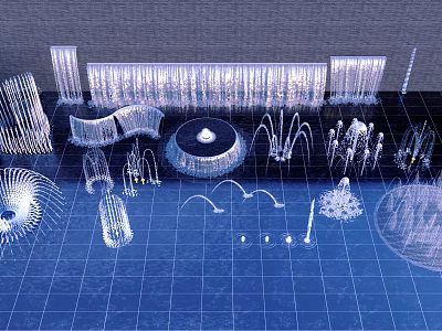 Modern Garden Landscape Design With Water Fountains Sculptures And Curved Paths 3d model