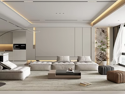 Modern Living And Dining Room With Gray Sofa Wooden Coffee Table And Green Plants 3d model