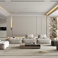 Modern Living And Dining Room With Gray Sofa Wooden Coffee Table And Green Plants