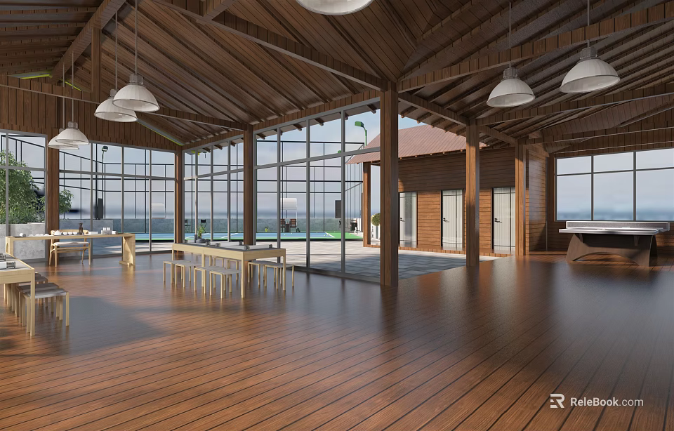 Tea House Interior Featuring Wooden Ceiling Pendant Lights Large Windows And Wooden Flooring Tables Chairs 3d model 