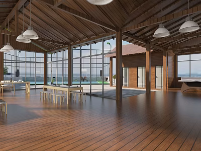 Tea House Interior Featuring Wooden Ceiling Pendant Lights Large Windows And Wooden Flooring Tables Chairs 3d model