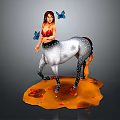 Female Centaur Character with Horse Lower Body Surrounded by Blue Butterflies on Orange Ground
