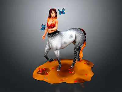 Female Centaur Character with Horse Lower Body Surrounded by Blue Butterflies on Orange Ground 3d model