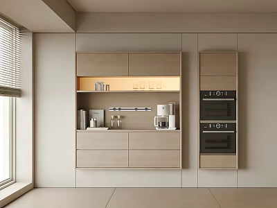 Modern Beige Sideboard Interior With LED Lighting Coffee Machine Built-in Oven And Glasses 3d model