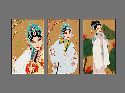 Traditional Chinese Figure Paintings of Peking Opera Characters in Traditional Costumes with Floral Backgrounds 3d model