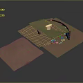 Scenic Landscape Model With Brown Textured Terrain Curved Wooden Arch And Orange Bucket