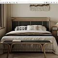 Modern Double Bed With Wooden Woven Headboard White Striped Bedding Bedside Lamp And Neutral Curtains