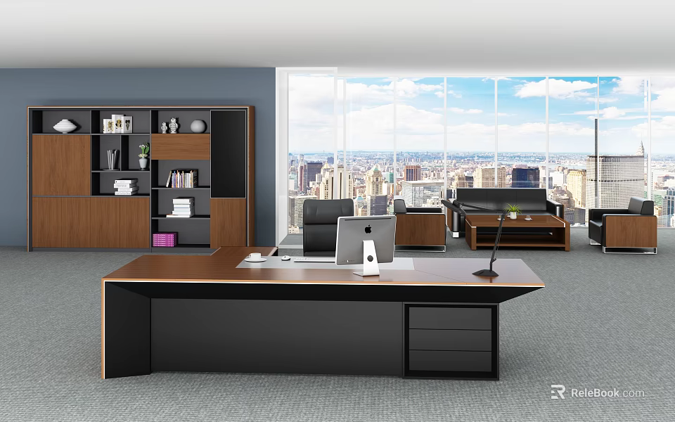 Modern Office Desk With Computer Monitor Lamp Wooden Bookshelf And City View 3d model 