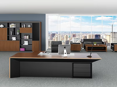 Modern Office Desk With Computer Monitor Lamp Wooden Bookshelf And City View 3d model