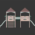 Children Playground Structure With Green Slide Red Roof And Wooden Swings