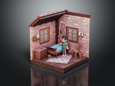 Miniature Indoor Bedroom Scene With Little Boy Doll Bed Window And Brick Wall 3d model