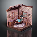 Miniature Indoor Bedroom Scene With Little Boy Doll Bed Window And Brick Wall