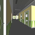 Modern Elevator Corridor With Green Yellow Walls Circular Patterns And Dark Flooring 3d model