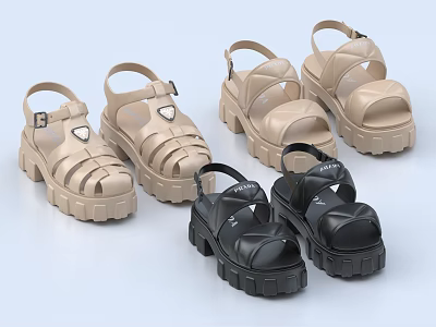 Stylish Platform Sandals With Chunky Soles In Beige And Black 3d model