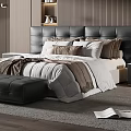 Modern Bedroom Interior With Dark Headboard Black Ottoman And Large Window Curtains