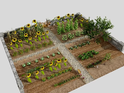 Charming Garden Landscape with Sunflowers Vegetables Stone Pathway and Surrounding Wall 3d model