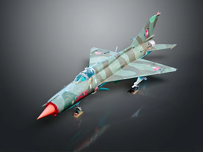 Military Aircraft Model Camouflage Green With Red Nose Detailed Design Markings On Black Reflective Surface 3d model
