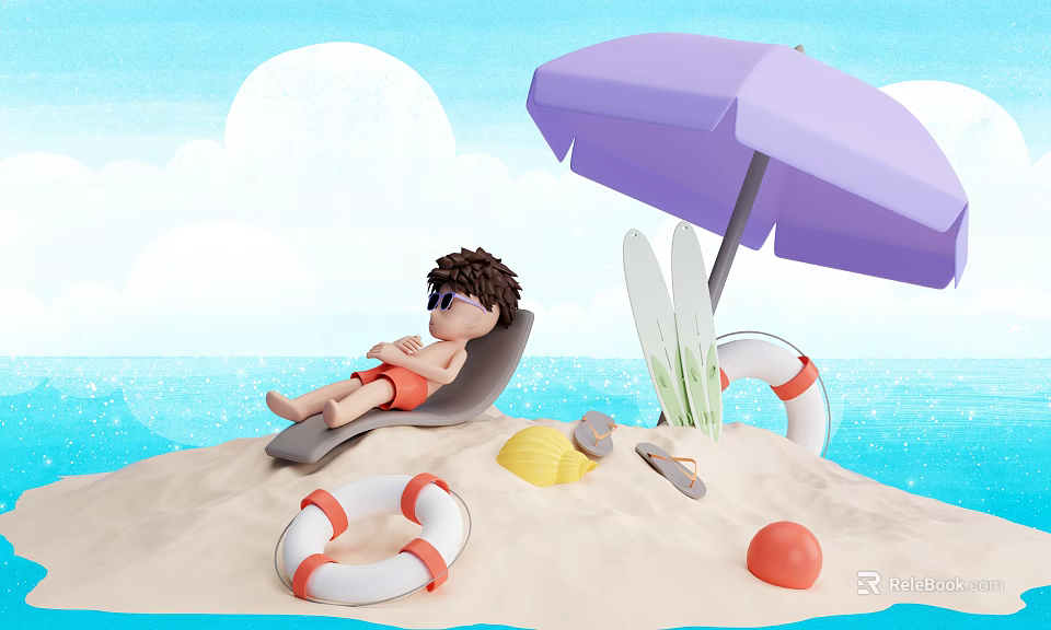 Sandy Beach Scene With Purple Umbrella Lounge Chair Surfboards Life Rings And Blue Sky Ocean 3d model 
