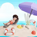 Sandy Beach Scene With Purple Umbrella Lounge Chair Surfboards Life Rings And Blue Sky Ocean