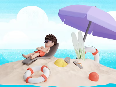 Sandy Beach Scene With Purple Umbrella Lounge Chair Surfboards Life Rings And Blue Sky Ocean 3d model