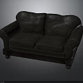 Dark Leather Two Seater Sofa With Vintage Armrests And Wooden Base