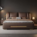 Modern Bedroom Interior With Brown Leather Bed Headboard Cushions Gray Bedding And Drawer Storage