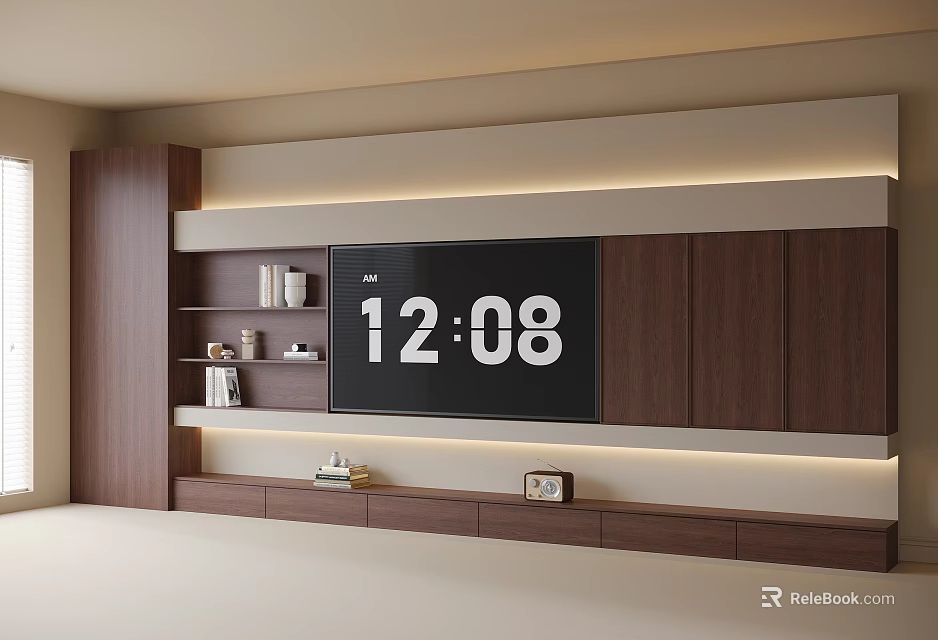 Modern TV Wall Interior With Wooden Cabinets Open Shelves Books Decor And Lighting 3d model 