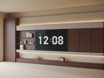 Modern TV Wall Interior With Wooden Cabinets Open Shelves Books Decor And Lighting 3d model
