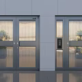 Modern Double Doors With Metal Frame Striped Glass Access Control Device And Side Plants