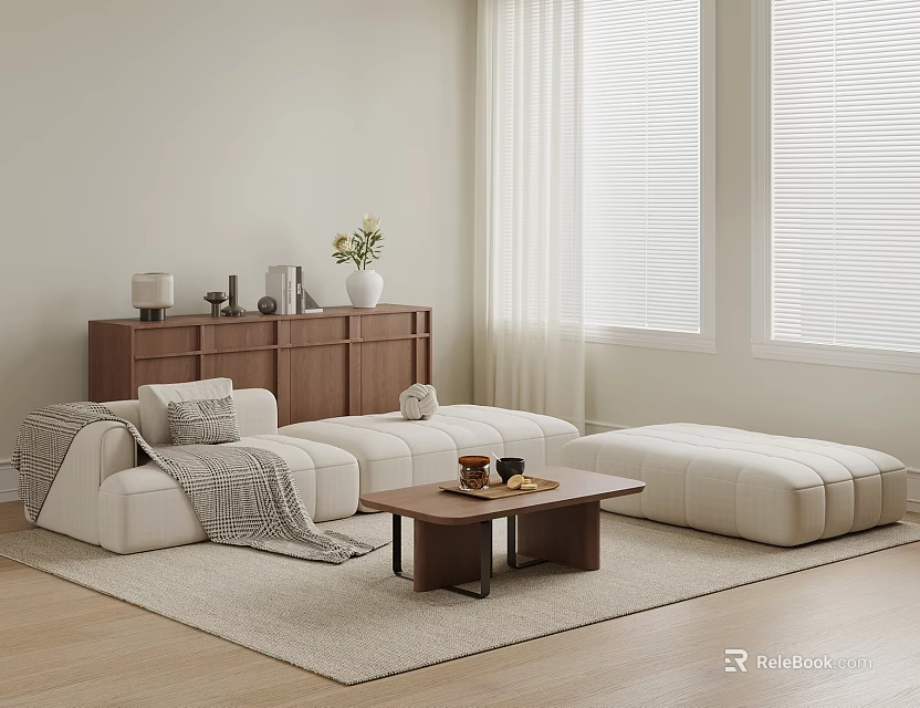 Modern White Living Room Sofa and Coffee Table Set with Wooden Table and Decorative Items 3d model 