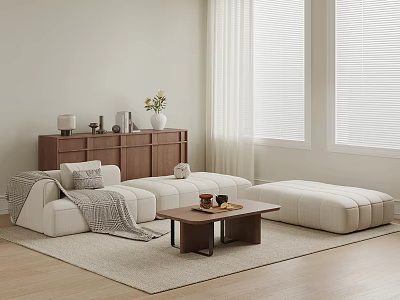Modern White Living Room Sofa and Coffee Table Set with Wooden Table and Decorative Items 3d model