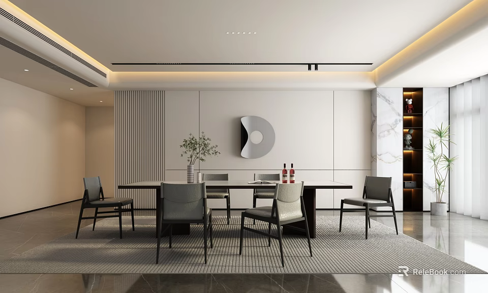 Modern Restaurant Interior With Dining Table Chairs Decorative Art Marble Wall And Green Plants 3d model 