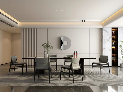 Modern Restaurant Interior With Dining Table Chairs Decorative Art Marble Wall And Green Plants 3d model