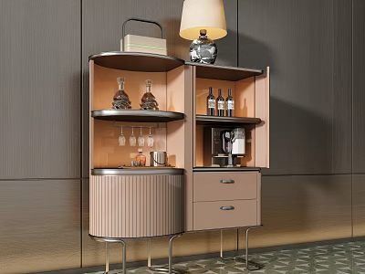 Modern Wine Cabinet With Glass Shelves Wine Bottles Wine Glasses And Metal Frame 3d model