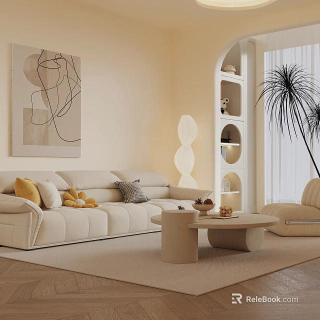 Beige Sofa Coffee Table Combination in Cozy Living Room with Throw Pillows Abstract Painting and Floor Lamp 3d model 