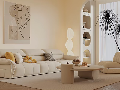 Beige Sofa Coffee Table Combination in Cozy Living Room with Throw Pillows Abstract Painting and Floor Lamp 3d model