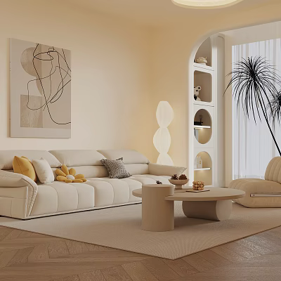 Beige Sofa Coffee Table Combination in Cozy Living Room with Throw Pillows Abstract Painting and Floor Lamp 3d model