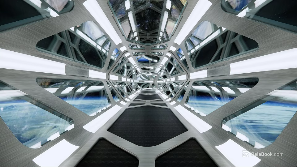 Futuristic Tech Inspired Passage With Geometric Metal Frames LED Lighting And Glass Panels 3d model 