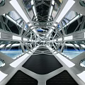 Futuristic Tech Inspired Passage With Geometric Metal Frames LED Lighting And Glass Panels