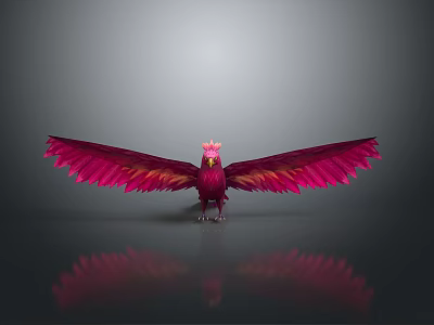 Red Mythical Bird with Spread Wings and Crown on Head Against Gray Background with Reflection 3d model