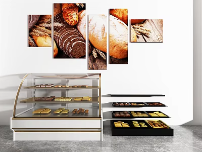Bakery Display Cabinets and Shelves Showcasing Fresh Baked Goods with Bread Wheat Wall Art 3d model
