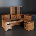 Wooden Office Desk With Herringbone Design Smooth Top Black Trim And Glass Cabinet