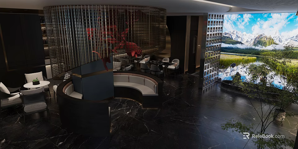 Luxurious Clubhouse Lobby Interior With Marble Floor Modern Grille Decoration Scenic Screen And Comfortable Seats 3d model 