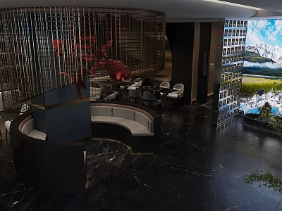 Luxurious Clubhouse Lobby Interior With Marble Floor Modern Grille Decoration Scenic Screen And Comfortable Seats 3d model