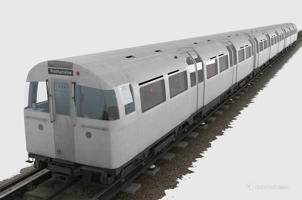 Long Silver Colored Subway Train With Multiple Carriages On Railway Tracks And Glass Windows 3d model 