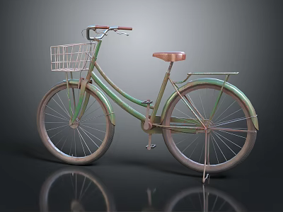 Vintage Bicycle With Green Frame White Basket Brown Seat And Rear Rack 3d model