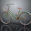 Vintage Bicycle With Green Frame White Basket Brown Seat And Rear Rack