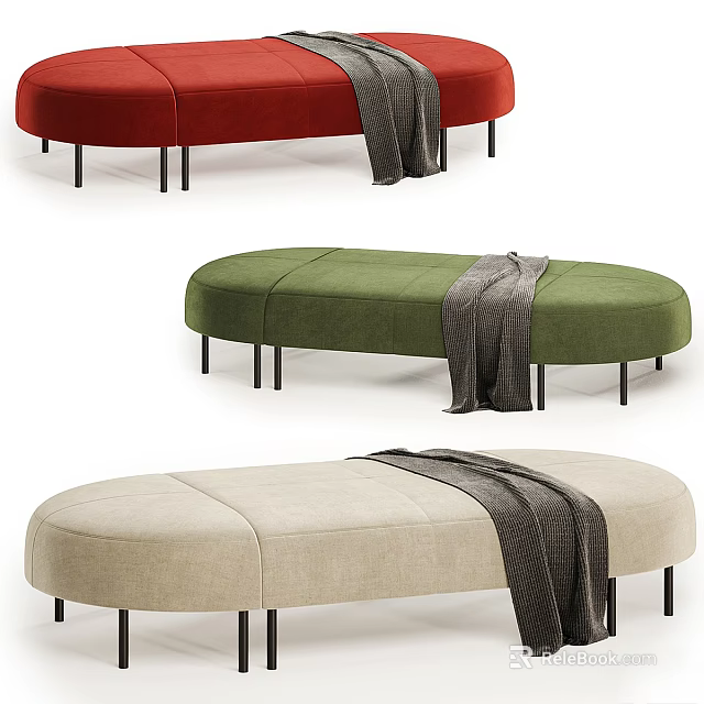 Modern Red Green Beige Sofa Bench with Gray Blanket and Black Metal Legs 3d model 