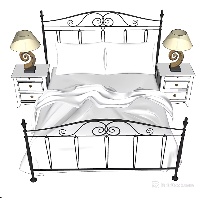 Double Bed with Black Iron Headboard Curved Patterns White Sheets Nightstands and Table Lamps 3d model 